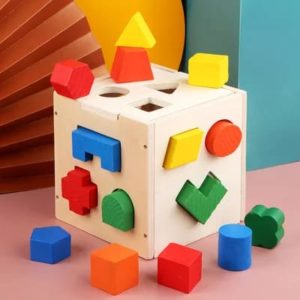 Wooden Shape Sorter 15 Holes Square Box with Different Shapes and Blocks Sorter Puzzle Multicolored
